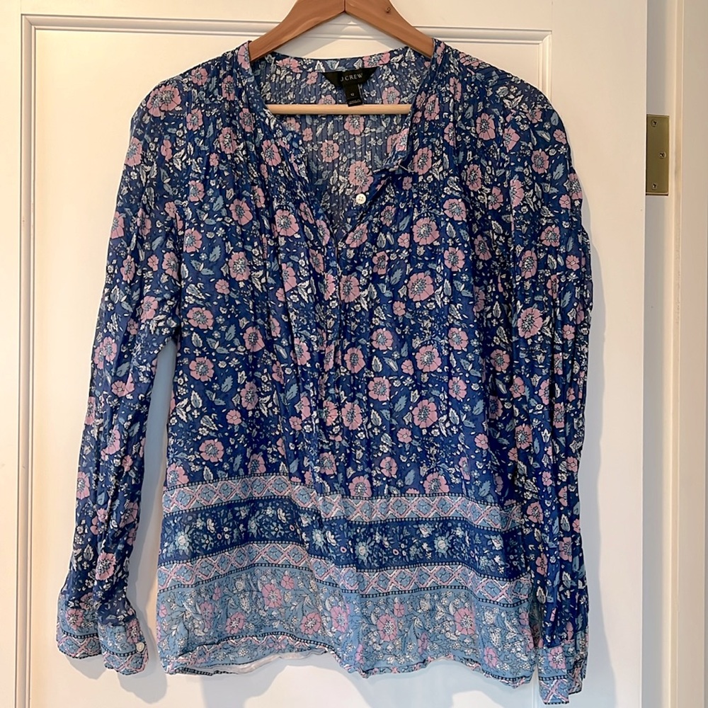 J Crew Floral Blue and Purple popover button front long sleeve blouse size 12